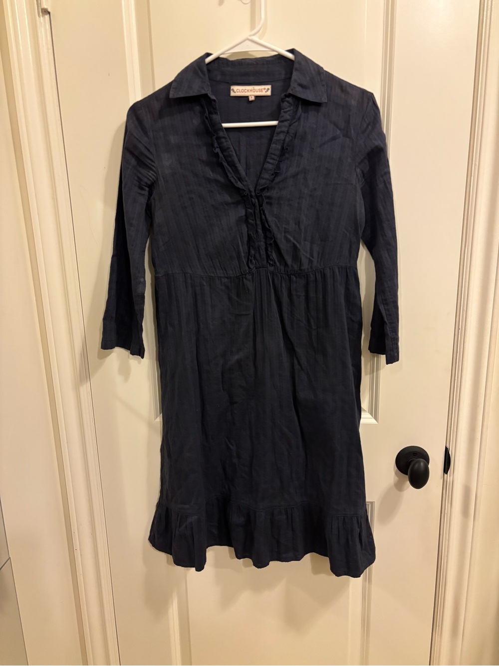 Clockhouse 100% Cotton Navy Ruffle-Trim Shirt Dress Sz S